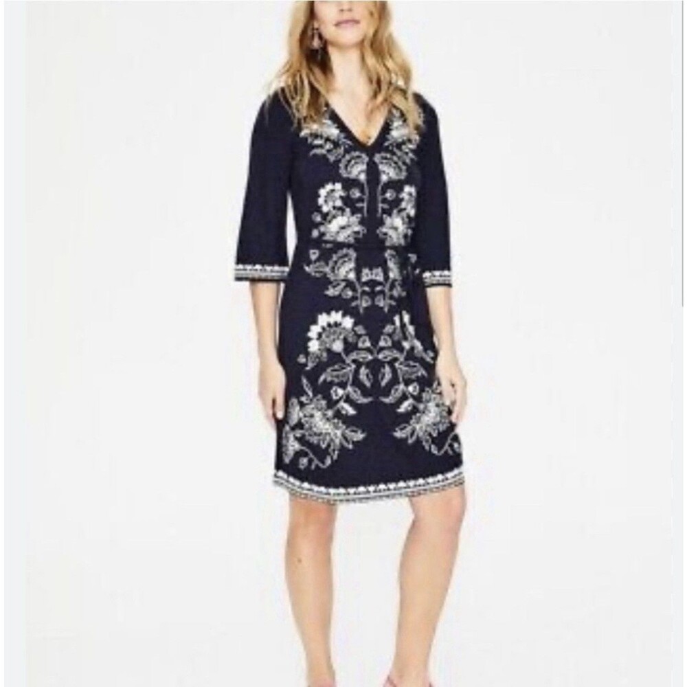 Boden Clemmie Dress Womens 6 Long Navy White Floral Embroidered V Neck